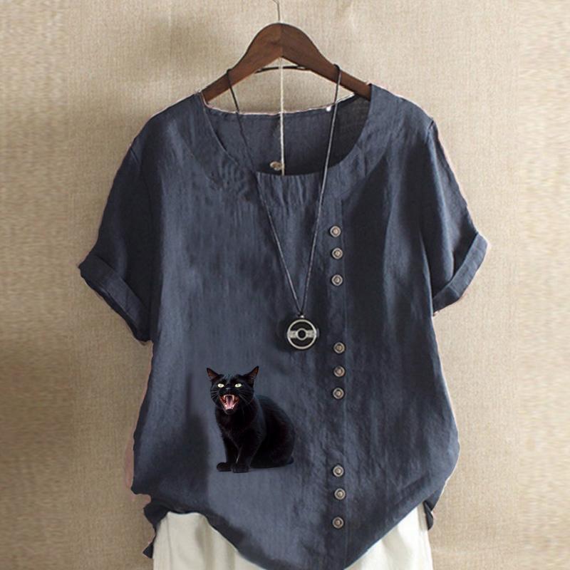 Damenmode, T-Shirt mit schwarzem Katzen-Print, kurzärmelig, lockeres Baumwollhemd, lässige Sommerbluse, Tops, Übergröße