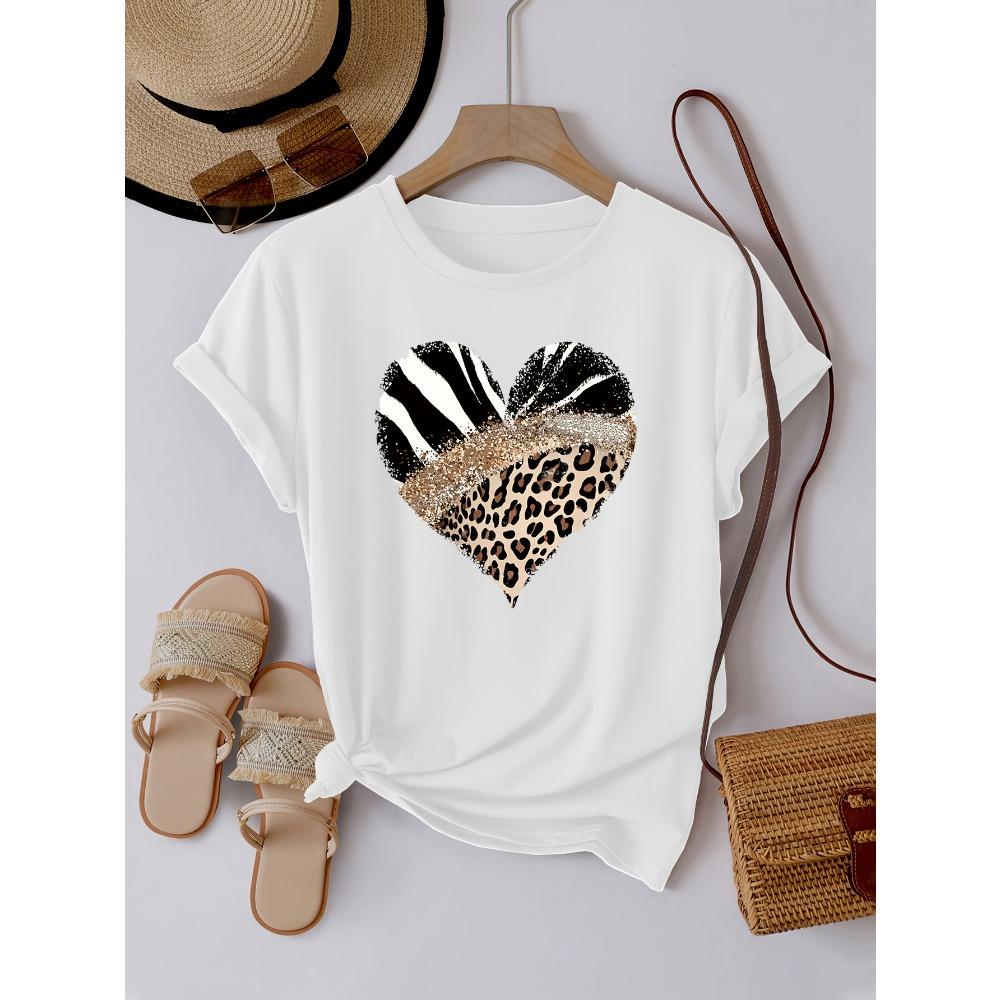 Women's Casual Short Sleeve Leopard Print Zebra Stripe Heart Design Glitter Accent Casual Top Short Sleeve Clothing