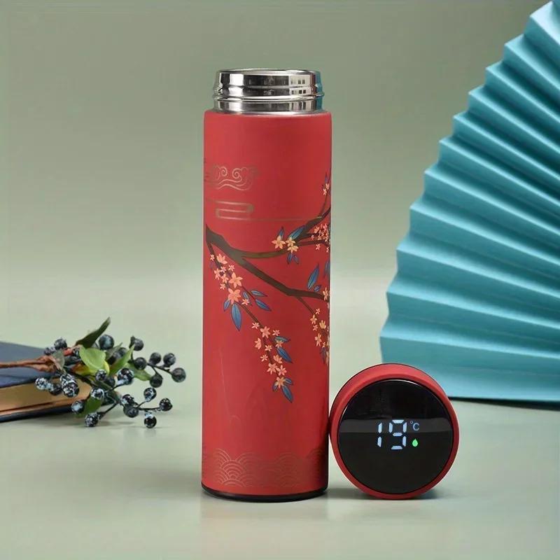Retro Smart Temperature Display Insulated Cup, Chinese Style Thermal Water Bottle, Stainless Steel Water Cup