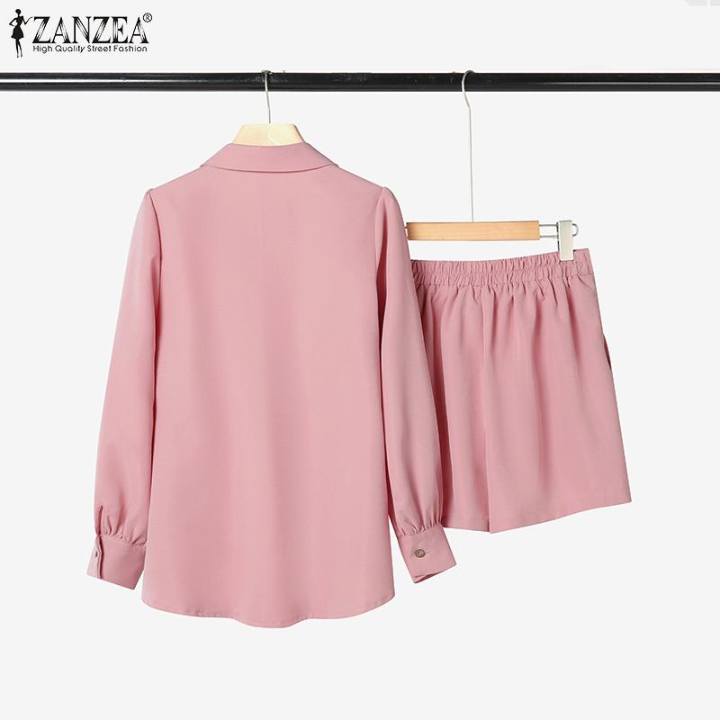 ZANZEA Women Long Sleeve Blouse and Shorts Casual Two Piece Suit Sets