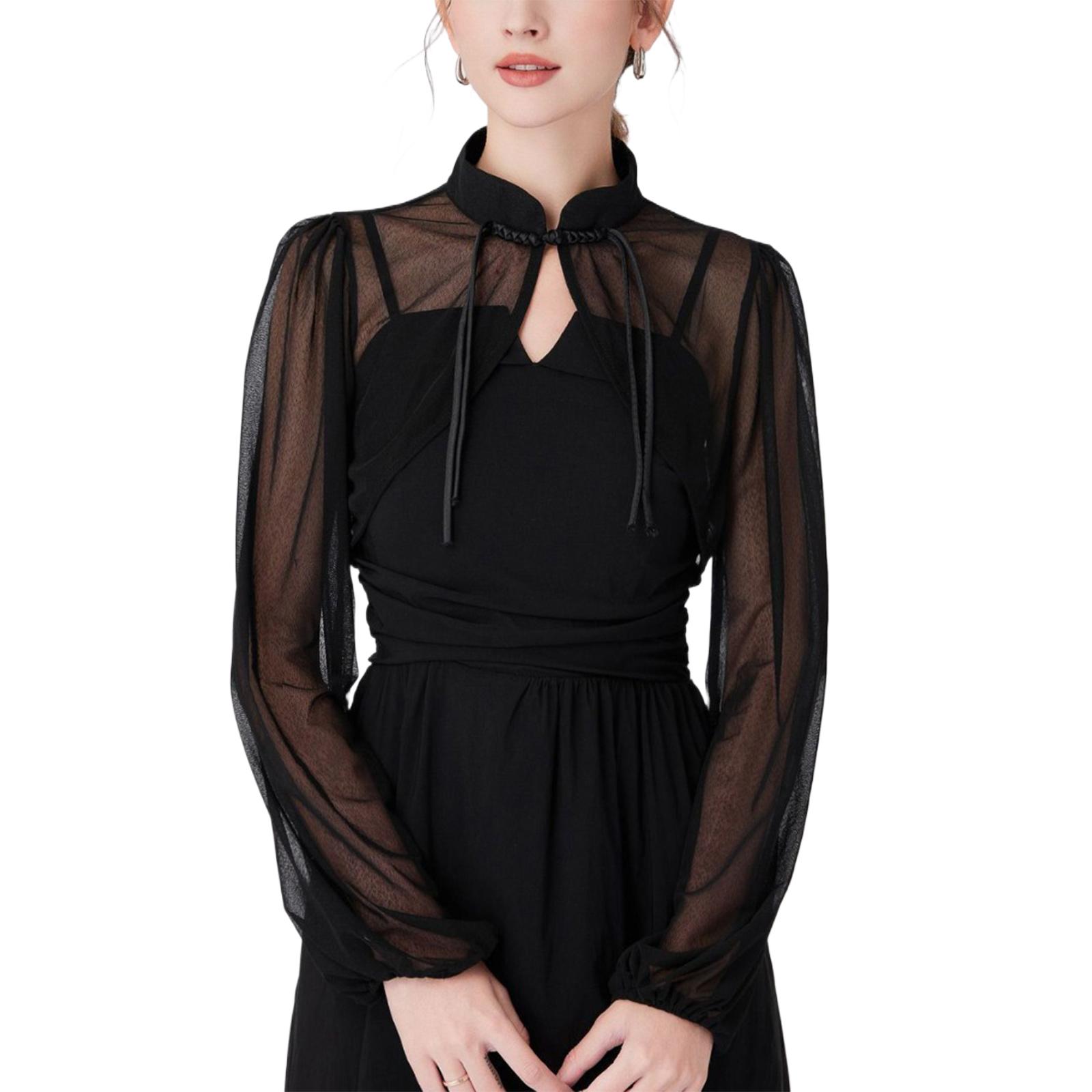 

Black Tulle Long Sleeve Shawl Collar Traditional Chinese Collar Simple Shawl Breathable Tulle for Camisole Dress 1 чёрный