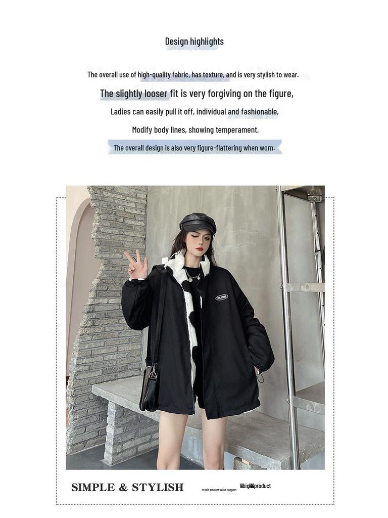 Unisex Lamb Wool Fleece Reversible Jacket: Stand-Up Collar, Warm, Autumn/Winter Fashion.