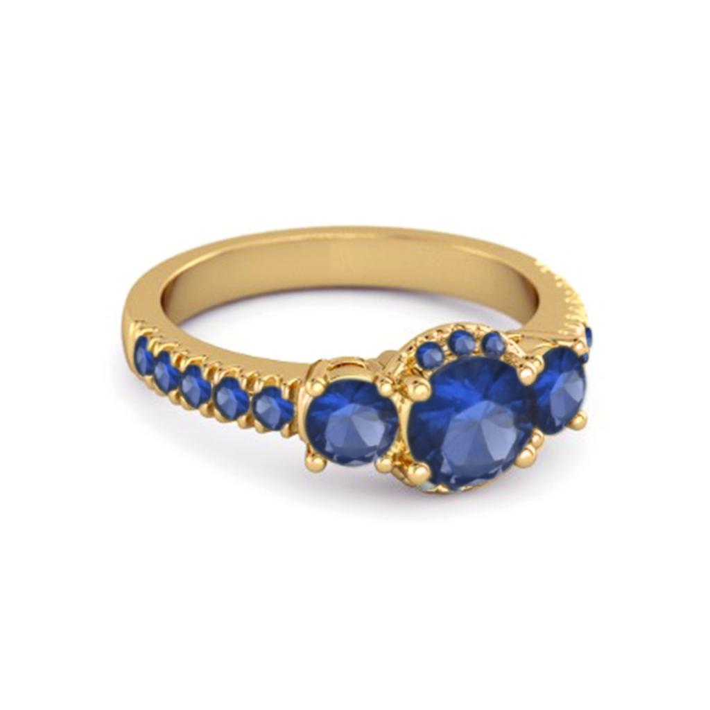 Blauer Saphir Drei- 925 Stein Halo Pavé Bandring - 925 Sterling Silber Gold Vermeil