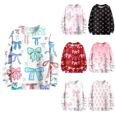 Women's Fashion Casual Long Sleeve Bow Print Cute Neck Woolen Knit Pullover Top