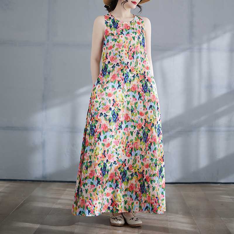 Long Skirt Summer New Round Neck Printed Dress