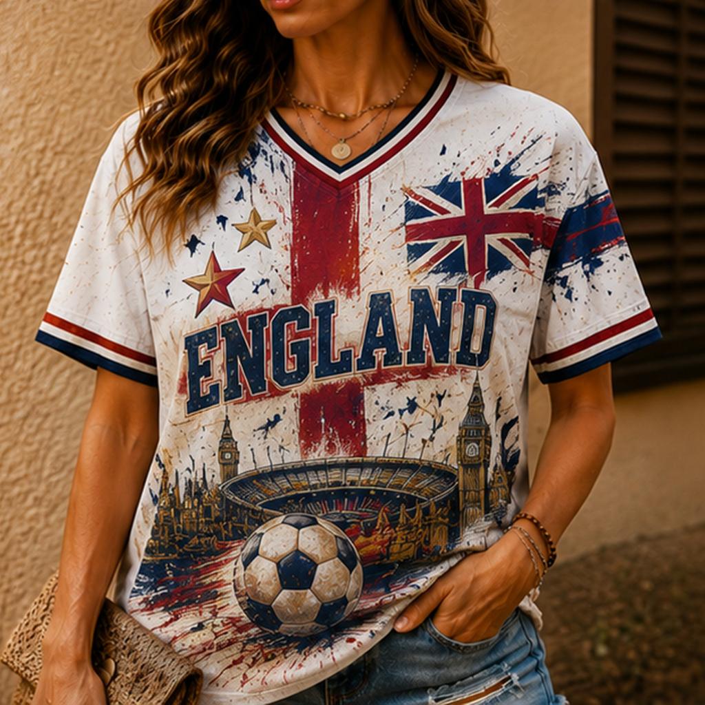 Women V Neck Short Sleeve T Shirt with Stadium Soccer Print Casual Loose Fit Style Top