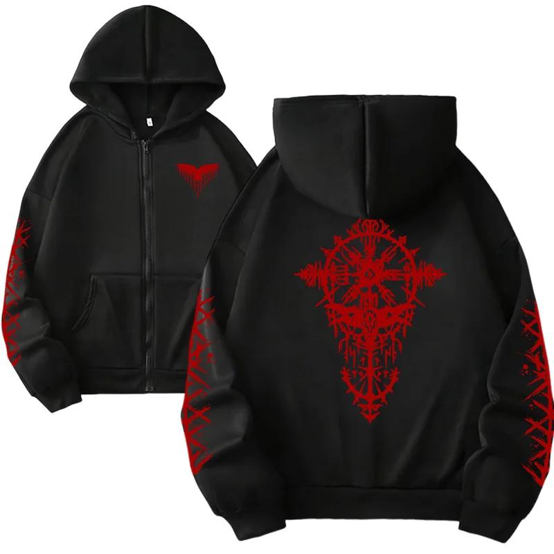Módní dámská oversized mikina s kapucí Viking Potisk Zip Mikina Teplý zimní ležérní kabát Streetwear Trendy Oblečení Y2k