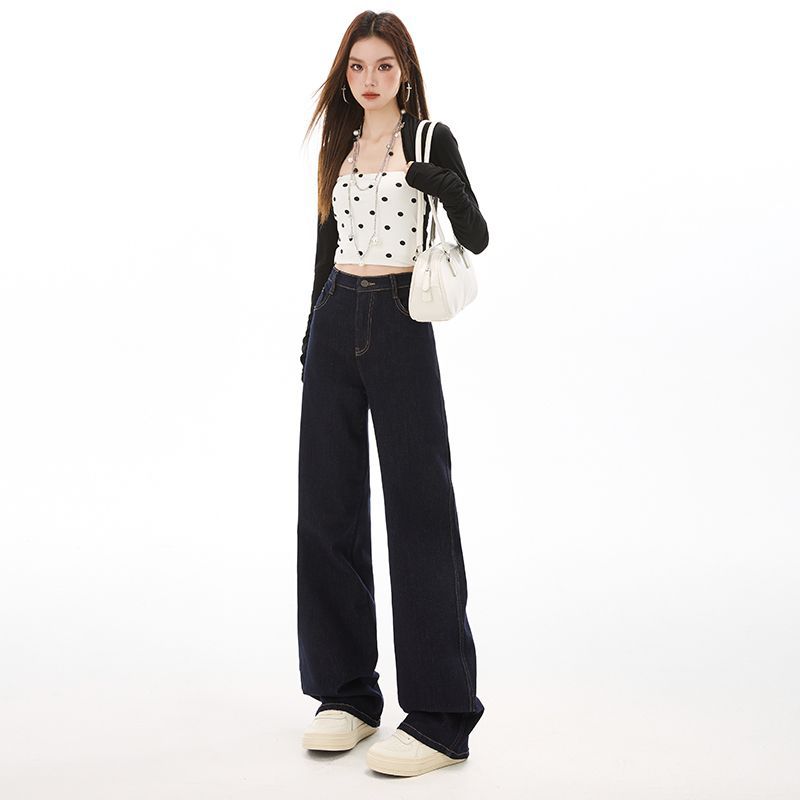 Spring Summer Elastic Waist Ultra Soft Comfy Denim Blue Straight Leg High Waist Daily Denim Trousers Ladies Casual Pants Oversize Denim Trousers