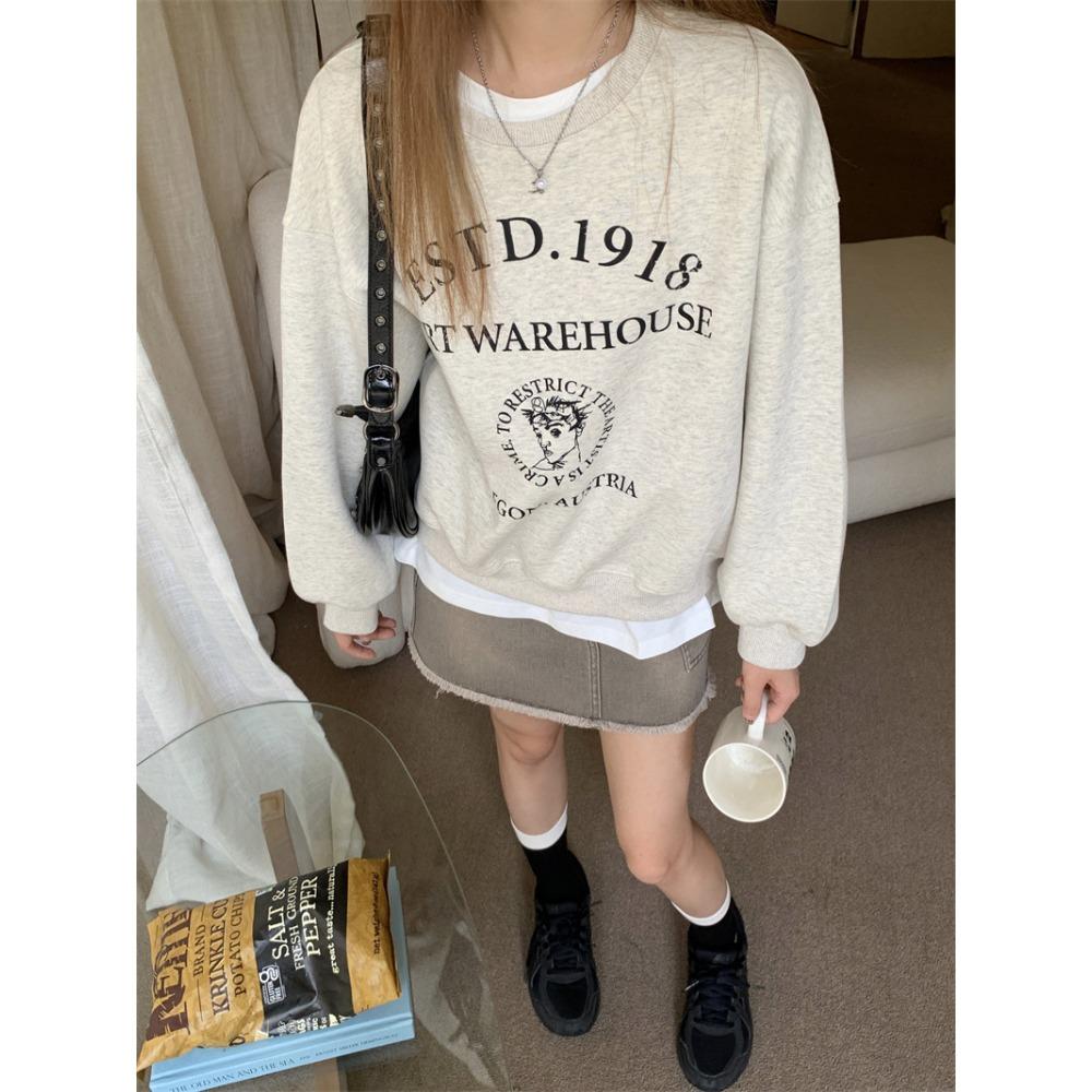 American Loose White Gray Printed Round Neck New Hoodie for Women with Thick Velvet Top