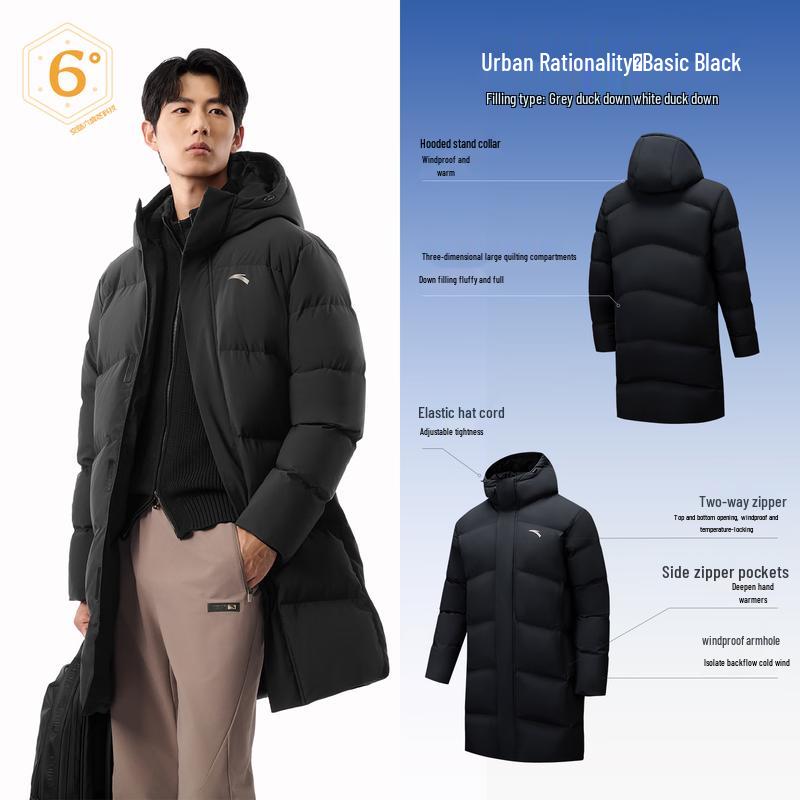 Anta Men s Mid-Length Hooded Water-Repellent Down Jacket 3XL