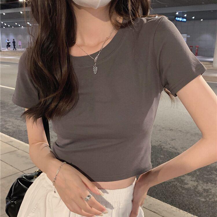 Women's Slim-Fit Pure Cotton U-Neck T-Shirt - Short Sleeve, Versatile Summer Outerwear