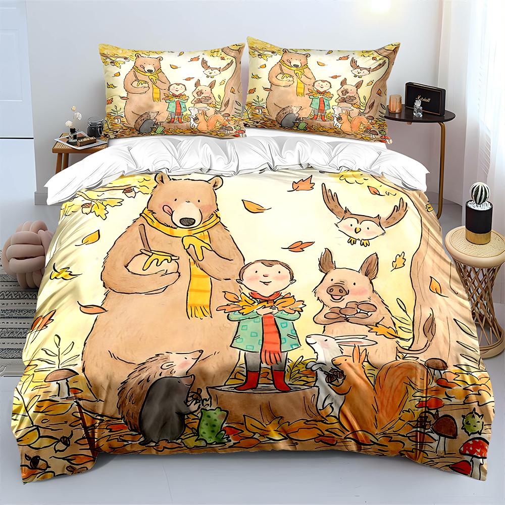 Autumn painting of a boy and small animalst Bedding Set for Kids Luxury Gift 3pcs Digital Print Comforter Set Soft Comfortable