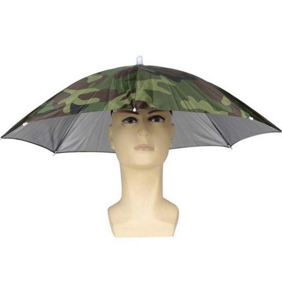 UV Protection Camouflage Umbrella Hat Hands-Free Sun Blocking Umbrella Hat with Elastic Headband Waterproof Outdoor Fishing Folding Umbrella Hat