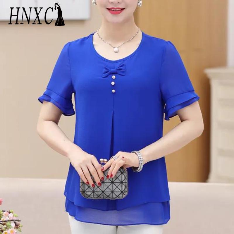 HNXC Blusas y camisas informales de manga corta con cuello en O y estampado de Color sólido a la moda para mujer