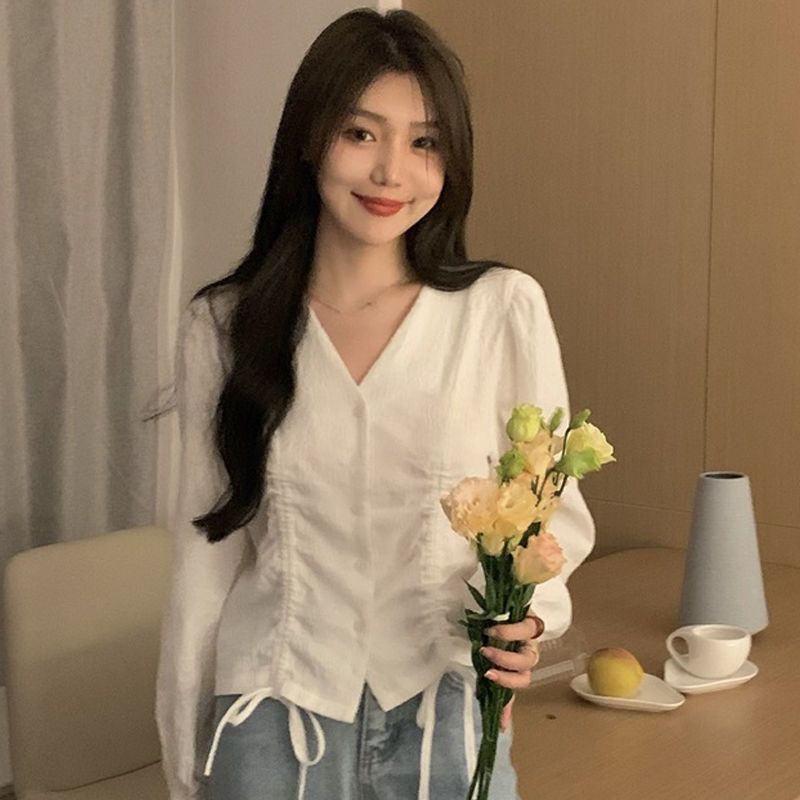 

Women s Pleated Shirt Solid Color American Version V-neck Single Breasted Button Puff Sleeve Woman Blouse Spring Loose Fashion Leisure Famale Top XL білий