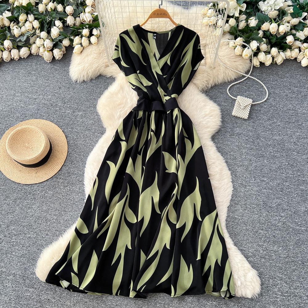 Commute Sleeveless Printed Dress Women Spring New High Waist Slim A Line Long Dress Luxury Design Sense