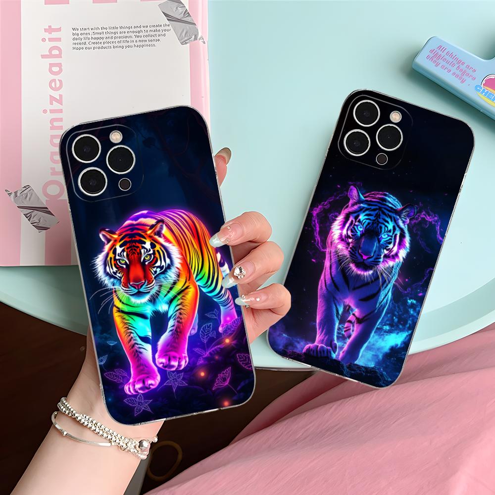 Tiger Neon Mobile Cell Phone Case for iPhone 17 16 15 14 13 12 11 X XR XS Air Pro Max Plus Mini Clear Colorful Cover Cover