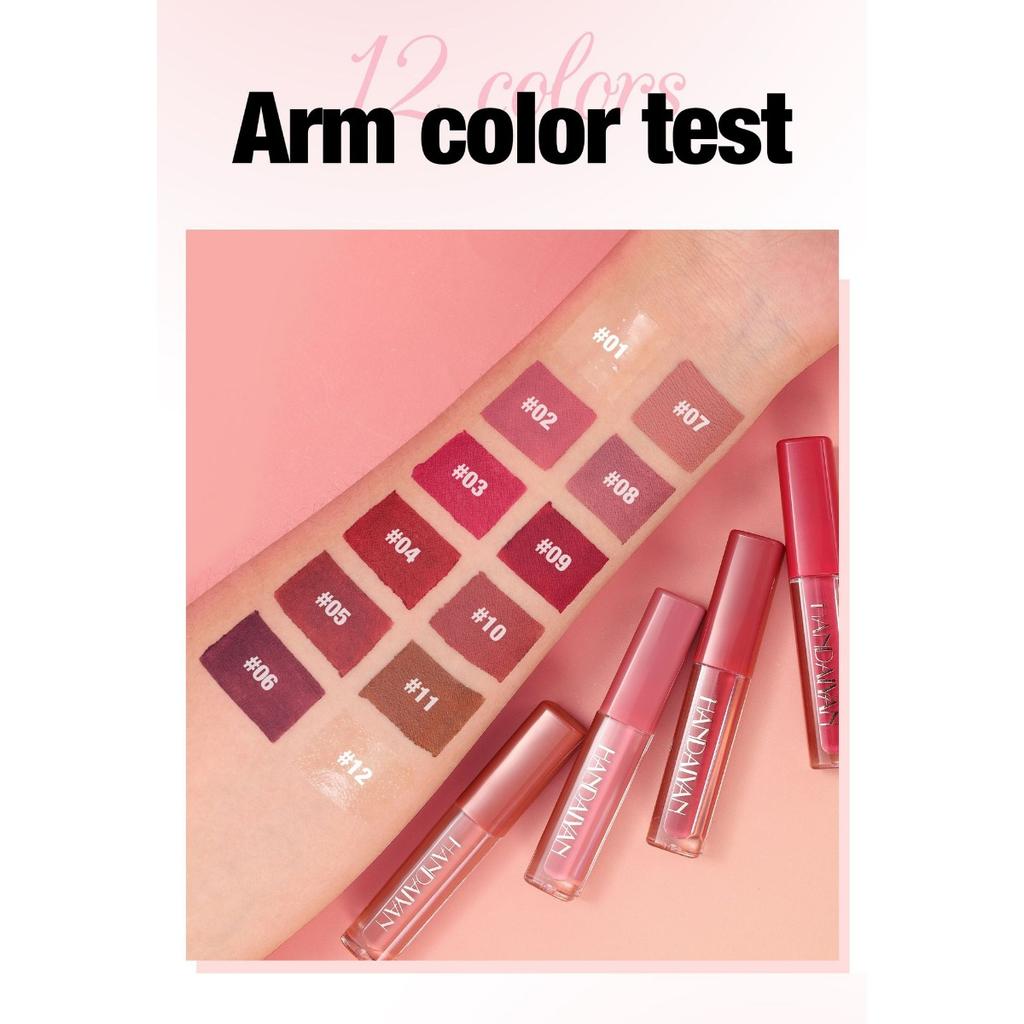 HANDAIYAN 12-color Matte Waterproof Non-stick Cup Lip Glaze Small Square Tube Gold Sparkling Pearlescent Lip Glaze