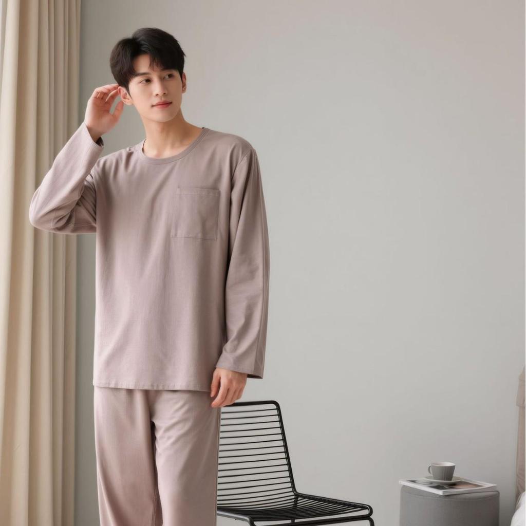 Men's Slim Fit Solid Color Pajama Set - Long Sleeve Top & Pants