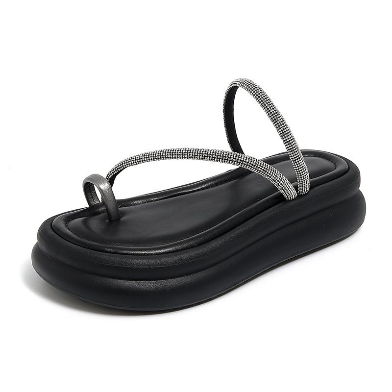 TEH3810 new French toe slope heel thick-soled slippers women's 2025 summer outer wear holiday style beige sandals