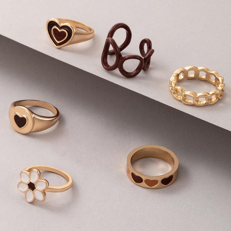Digadagu 6 -Piece Set Brown Heart -Shaped Dripping Flower Ring Women 'S Popular Retro Ring Banquet Accessories