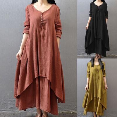 Buttons Decor False Two Pieces Baggy Dress Large Hem V-Neck Solid Color Long Sleeve Retro Dress Streetwear