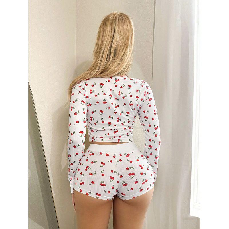 Cherry Sexy Pajamas Women's Spring and Autumn Pure Desire Wind Fancy Casual Fashion Open Long Sleeve Shorts Homewear