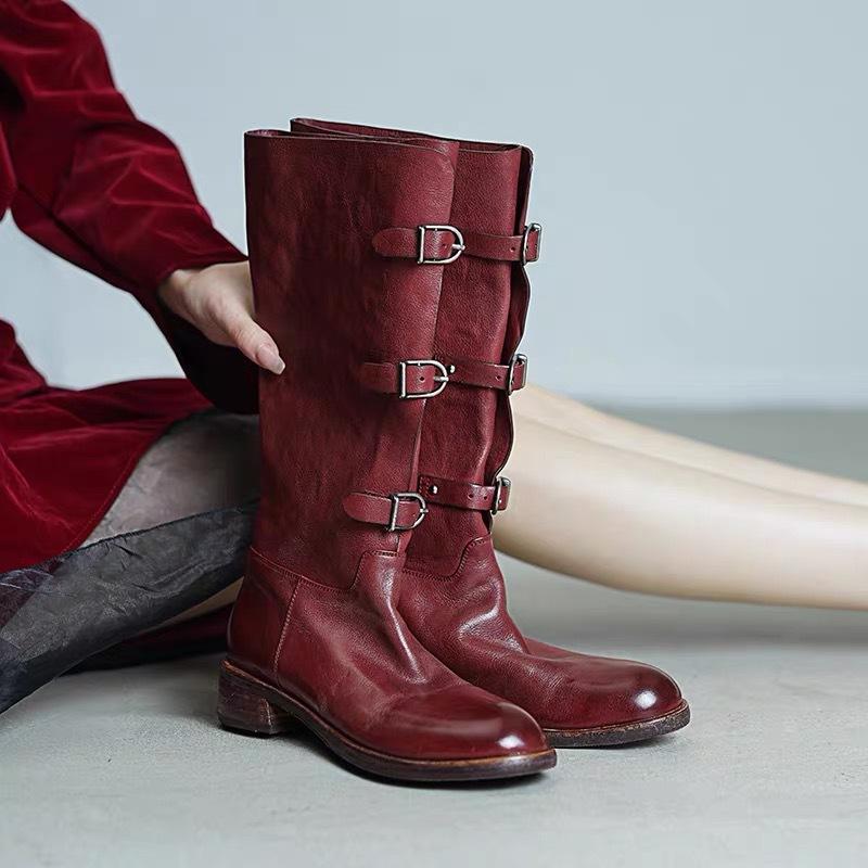 Washed horse skin British style retro thick heel boots women's ankela red merard knight boots tall locomotive boots