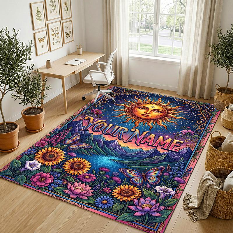 Floral Garden Theme Crystal Velvet Rug Personalized Custom Name Text Soft Floor Mat Home Decor