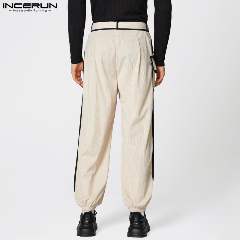 INCERUN Autumn Men Casual Zip-up Waist Stitching Lace-up Corduroy Long Harem Pants Trousers 