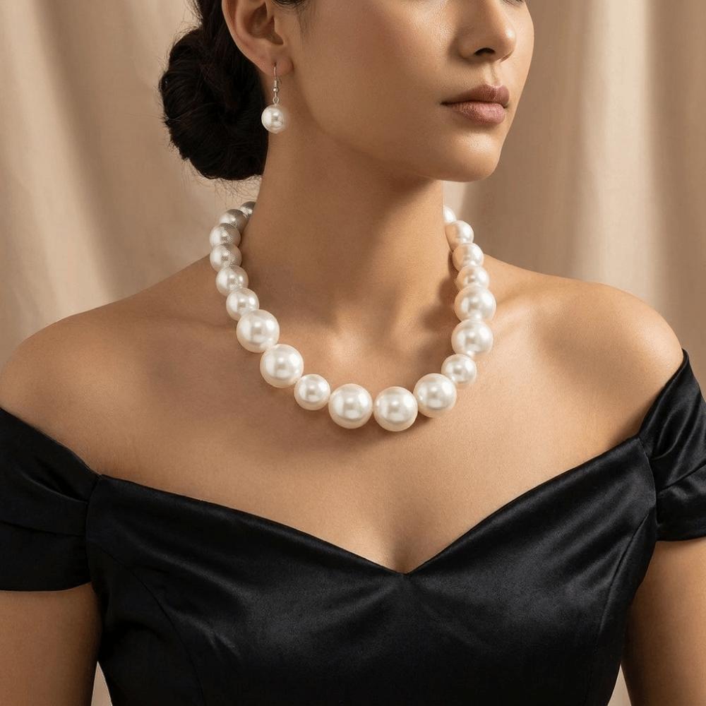 3 pcs/set Simulated Pearl Necklace Earrings Set Exaggerated Chunky Beads Necklace Gifting