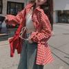 Damen Retro Rot Kariert Langarm Polokragen Hemd - Frühling Nischendesign, Lockere Slim Strickjacke