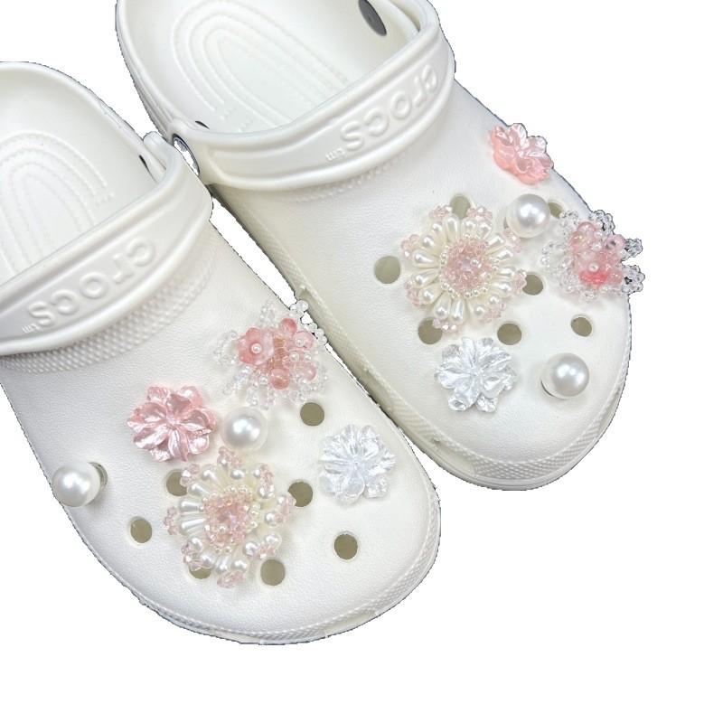 Pink, Pearl Flower Shoe Buckle, Hand Woven, Diy, Detachable Shoe Flowers, Perforated Shoe Accessories, Beautiful and Fashionable Pearls