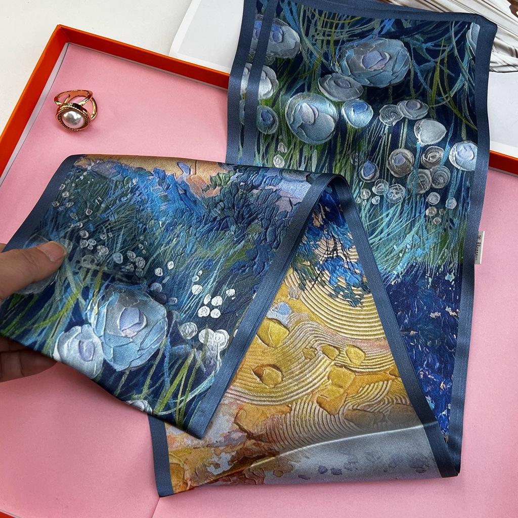 Oil Painting Blue Silk Long Silk Scarf Women'S Shirt Scarf Mulberry Silk Scarf Mother'S Day Gift