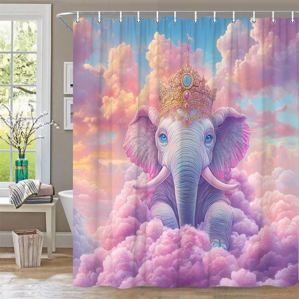 1 Stück Gekrönter Blauer Elefant Duschvorhang - Skurrige Tierdekoration Mit Goldener Krone & Rosa Wolken Farbverlauf Sonnenuntergang Himmel Design