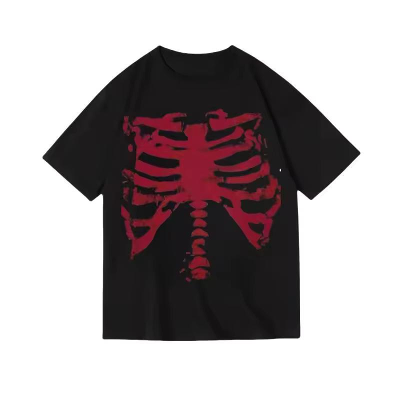 American High Street Print Black Red Skull Dark Print Goth Y2K Shibuya Short-sleeved Cotton T-shirt Men's Top