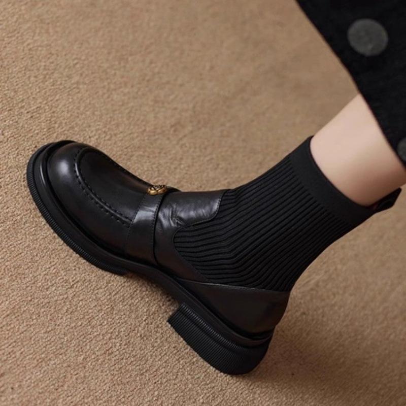 Women's Boots 2025 Autumn/Winter Thick Bottom Short Boots Knitted Elastic Socks Boots Thick Heel Leather Shoes Women