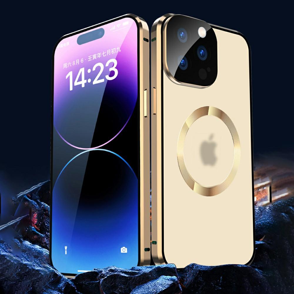 Buckle Lock Phone Cover for iPhone 15 Plus Magnetic Metal Frame+Dual-Sided Tempered Glass Case Compatible with MagSafe