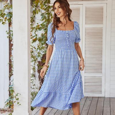 Sommer Mode Plaid Französisch Square Neck Kurzarm Taille Spitze Up Kausalen Alle Match Chic Kleid