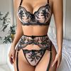 UHF-4171 See Through Three Piece Floral Embroidery Women Transparent Sexy Lingerie Bra Thong Belt Garter Lingerie