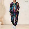 Women Plus Size Colorful Printed V Neck Long Sleeve Nurse Scrub Set With Pockets Top And Long Pants