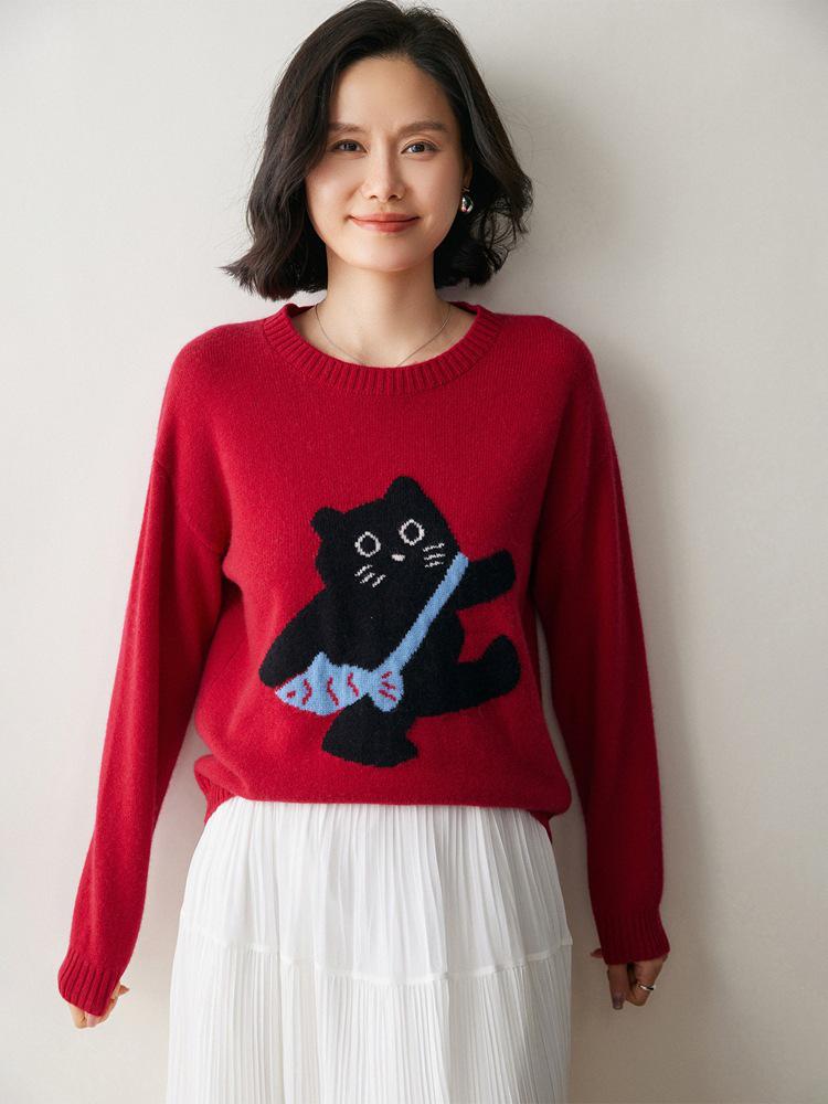 Korean Style Women's Cashmere Sweater - Cute Cat Jacquard, Round Neck Knitwear for Autumn/Winter