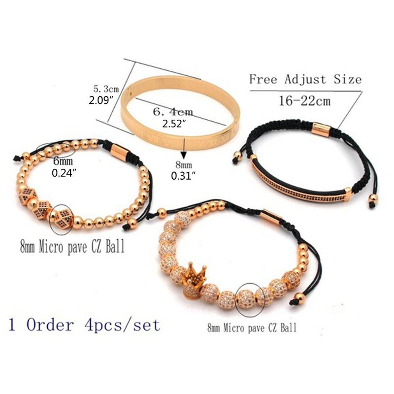 4 SZT. Luksusowa Bransoletka z Zawieszkami z Cyframi Rzymskimi, Bransoletka Królewska z Koroną, Zestaw Bransoletek z Cyrkoniami CZ, Biżuteria dla Mężczyzn i Kobiet