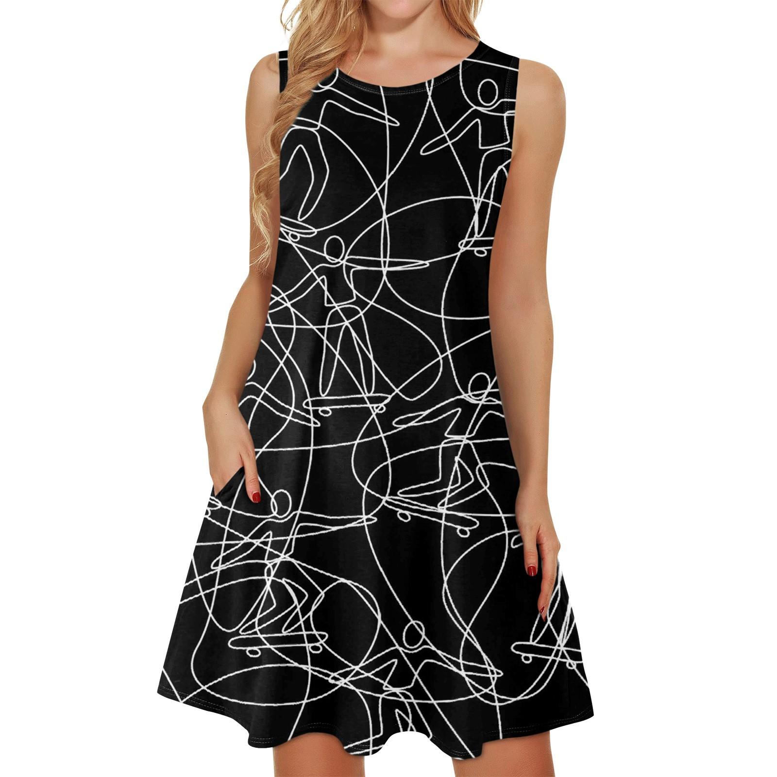 

Летнее женское повседневное пляжное платье без рукавов с принтом и круглым вырезом XXL чёрный