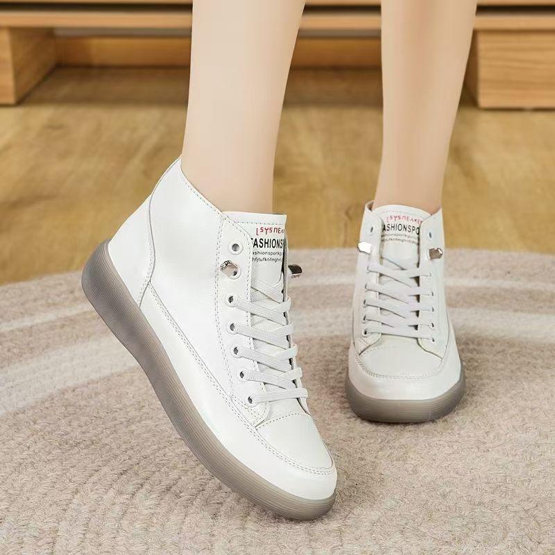 Woman's Spring Autumn New Leather High Top Casual Board shoes Flat Sole Round Toe Lightweight Non Slip Lace Up Little White Shoe