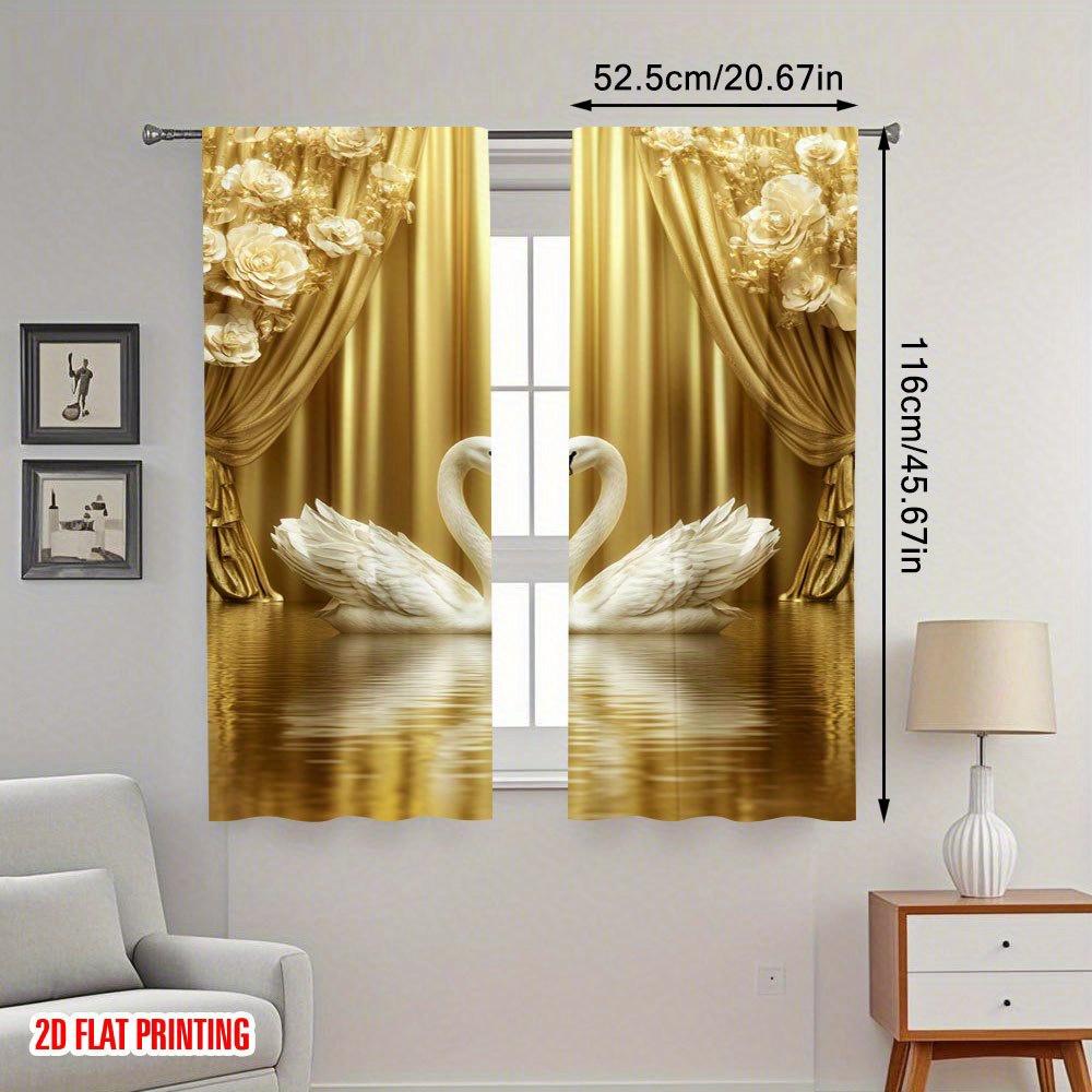 2pcs Elegant Gold Swan Print Curtains  for Study  Modern Bedroom   Stylish Living Room   Chic Kitchen   Spacious Balcony & Home Decor