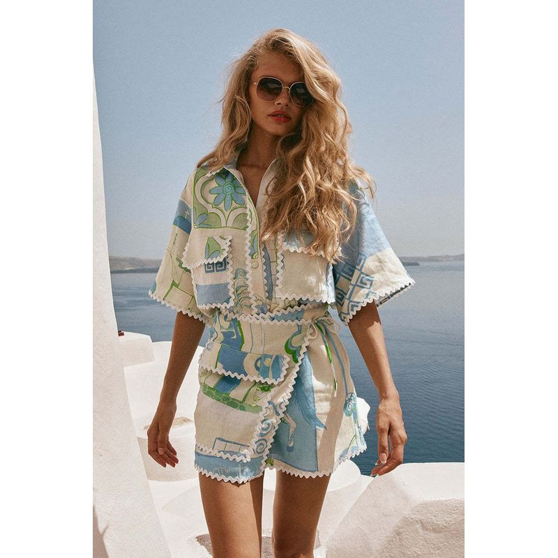 

Western Style Two-piece Set Short sleeve Shirts Skirt Lace Print Set Shirt and Skirt Set Flower color XXL