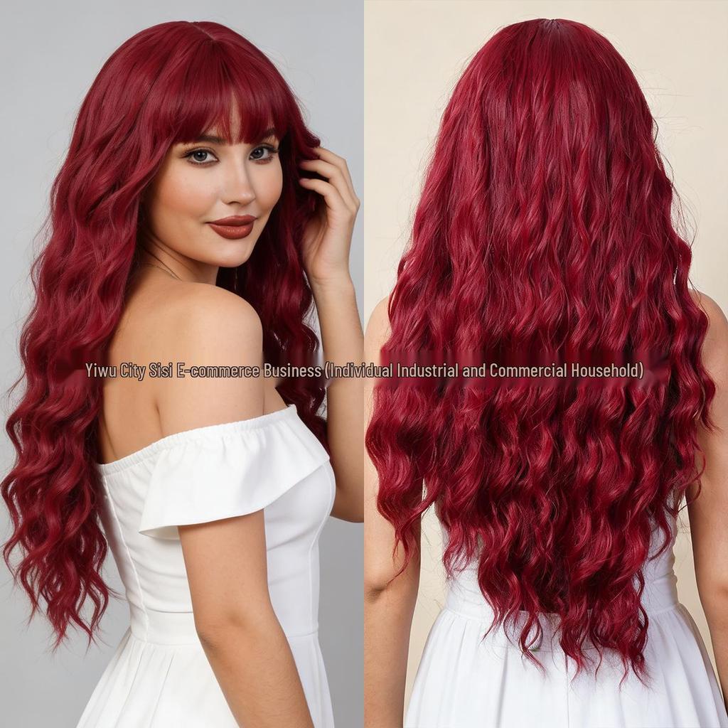 Wine Red Long Curly Wig with Full Bangs and Straight Ends - New Style