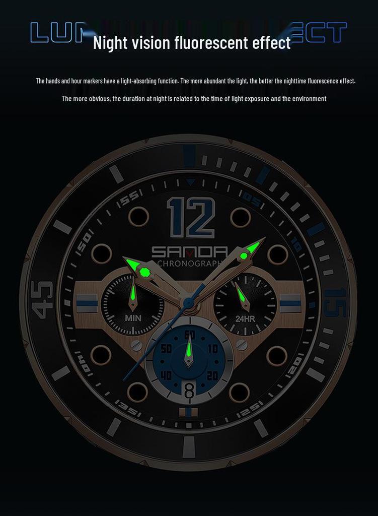 Sanda Men's Quartz Watch - Fashionable, Waterproof, Multifunctional Design with Three Dials and Date Display.