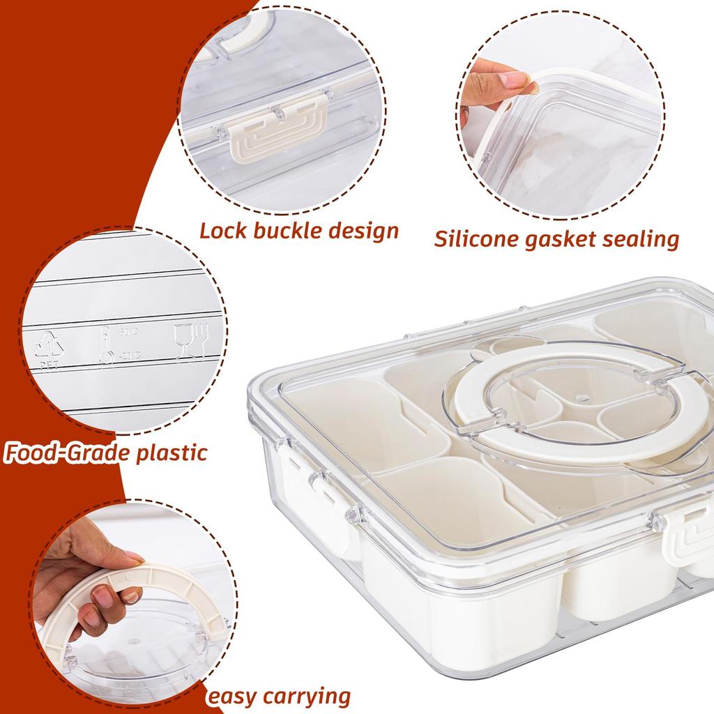 Portable Snackle Box Container Divided Serving Tray with Lid and Handle Clear Snack Box Organizer for Fruits Snacks for Party